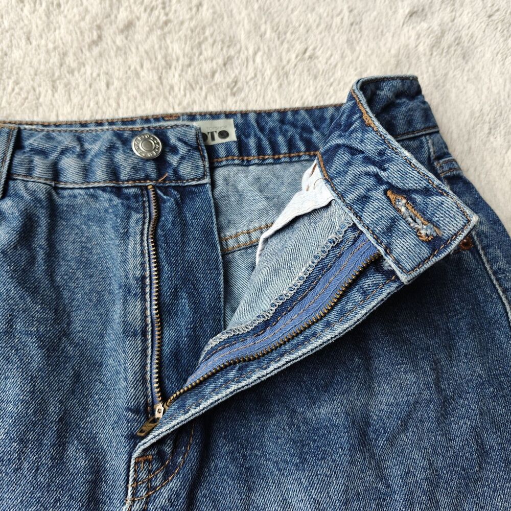 Topshop Moto Denim Mini Skirt Women's 6 Zip Up Mid Wash Blue Raw Hem Y2K 90s - Picture 2 of 7
